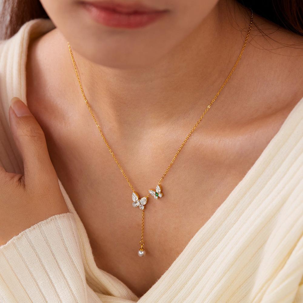 Exquisite butterfly Necklace Fashion Stainless Steel Luxury Zircon Jewelry Commute Pearl Tassel Chokers Necklaces ALN2601000252