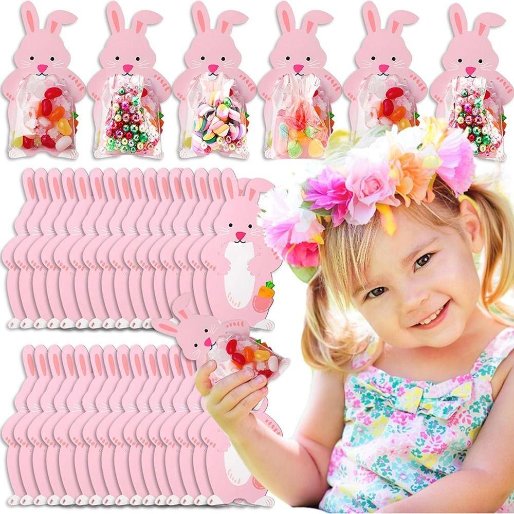 20pcs Self Adhesive Easter Cellophane Bags Candy Cookie Pink Bunny Greeting Cards Clear Poly Gift Bags Party Favor