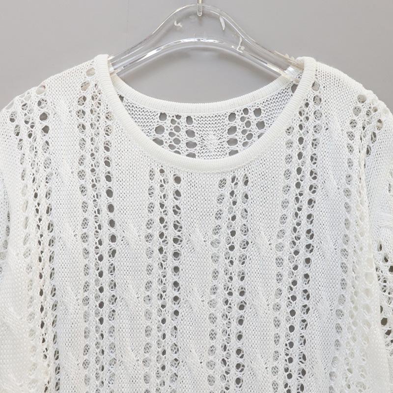 Summer Women's Retro Hollow Solid Color Short Sleeve Cover-up Temperament Medium Long Round Neck Loose Dresses