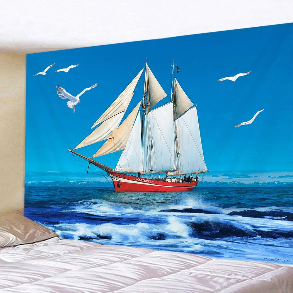 Beautiful Sea Sunset Nautical Tapestry Hippie Retro Pirate Ship Rune Skull Wall Hanging Psychedelic Home Room Decoration