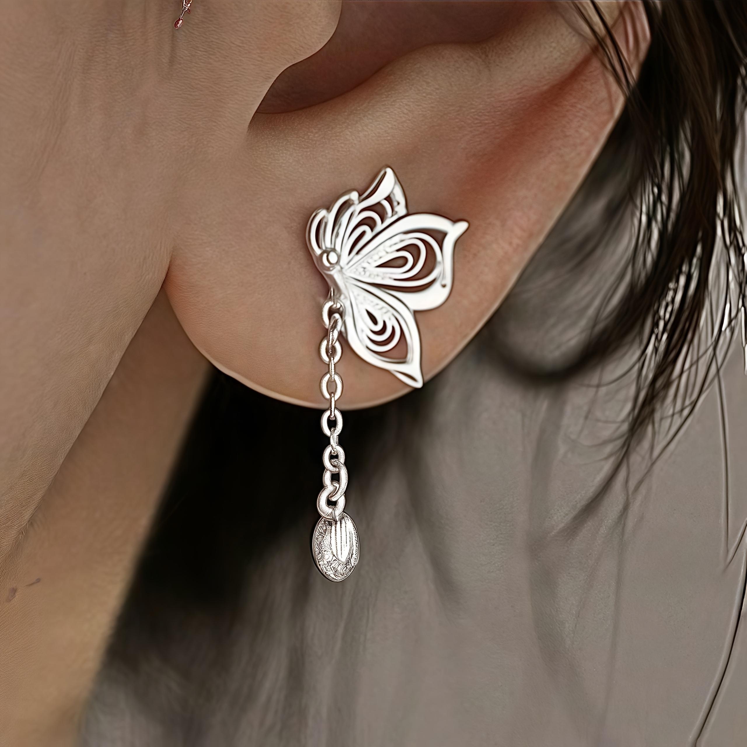 [Butterfly Drop Earrings for Women] Elegant Silver-Plated Copper Butterfly Drop Earrings with Tassel for Women - Hypoallergenic, Simple Design, Perfec