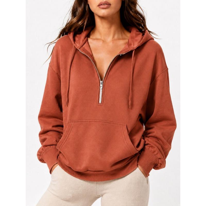Women S Loose Fit Hooded Half Zip Pocket Casual Sweatshirt