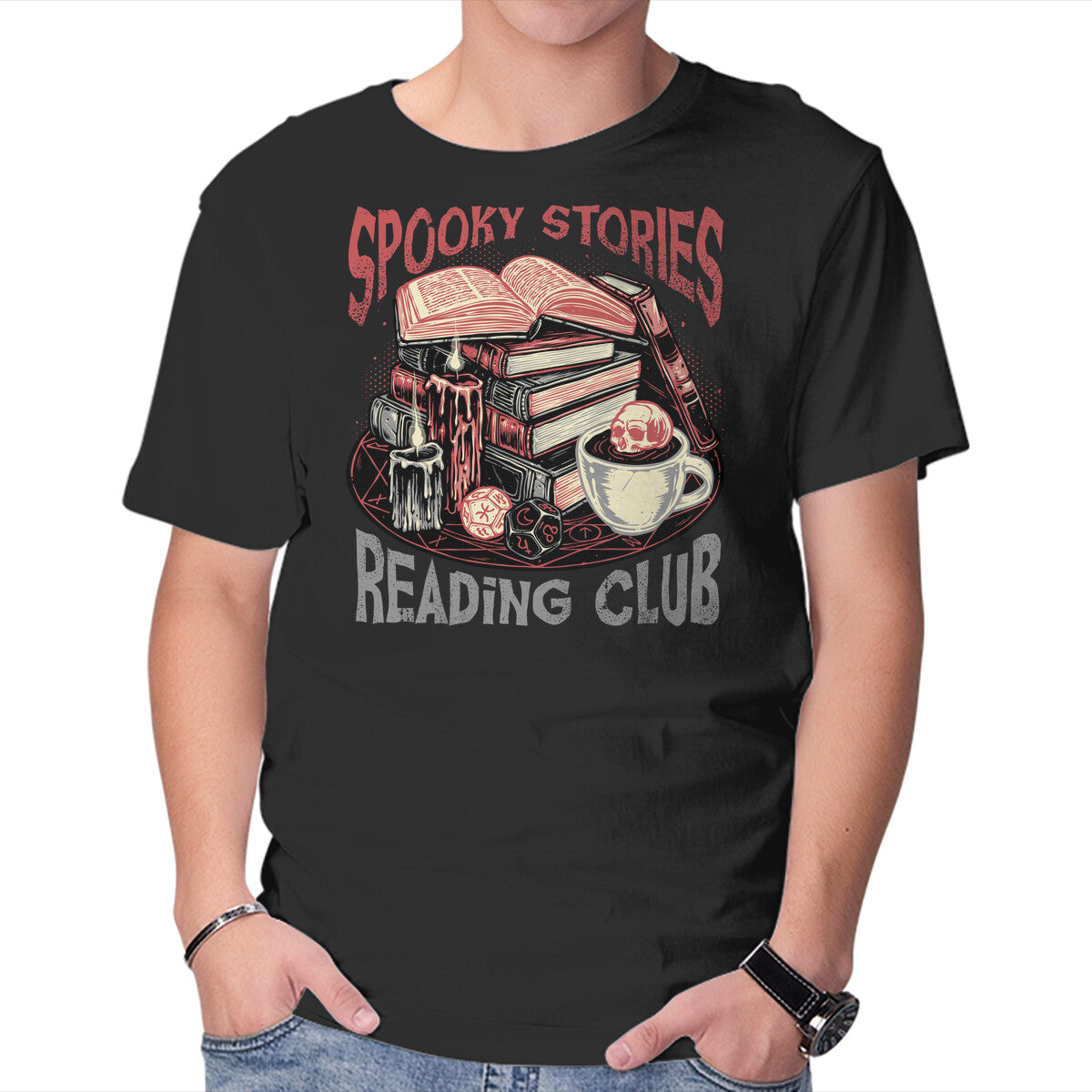 Unisex Crew Neck T-Shirt Spooky Stories Reading Club Graphic Short Sleeve Casual Tee L
