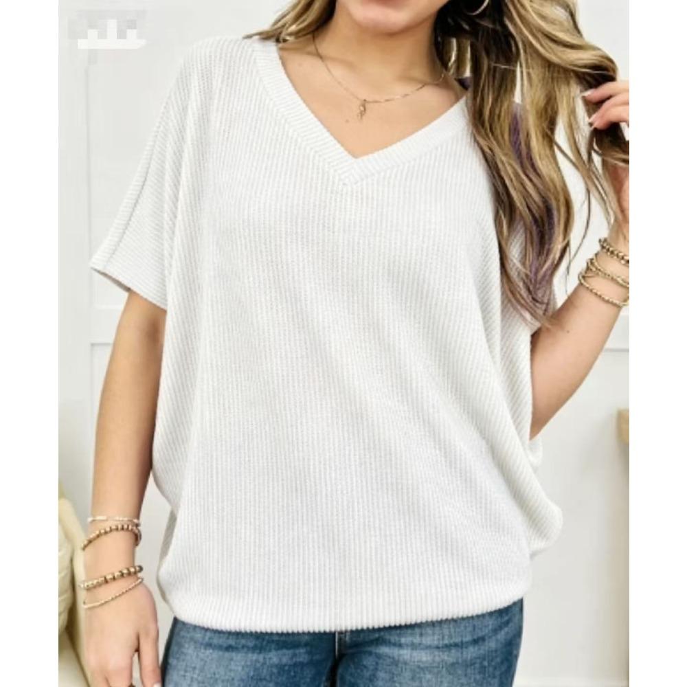 Women's V Neck Short Sleeve Oversized Ribbed T Shirt Casual Commuter Basic Top