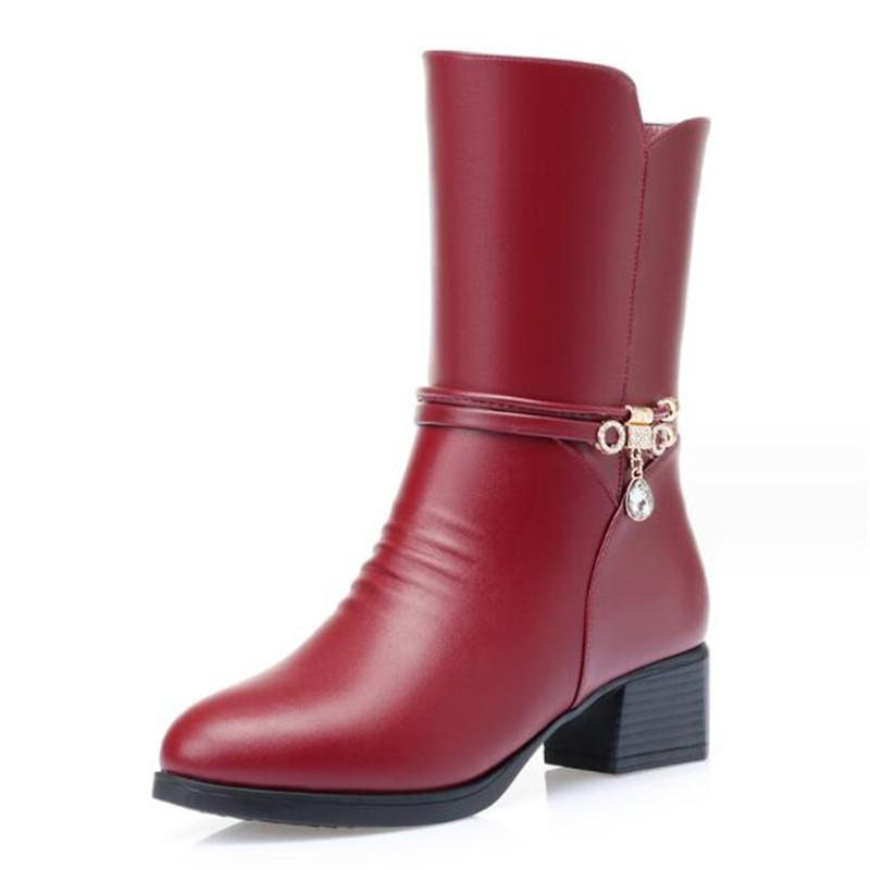 Women Leather Boots Genuine Leather Plush Boots Winter Warm Thick Heel Brand High-heeled Fashion Mid-Calf Snow Boots Women Shoe