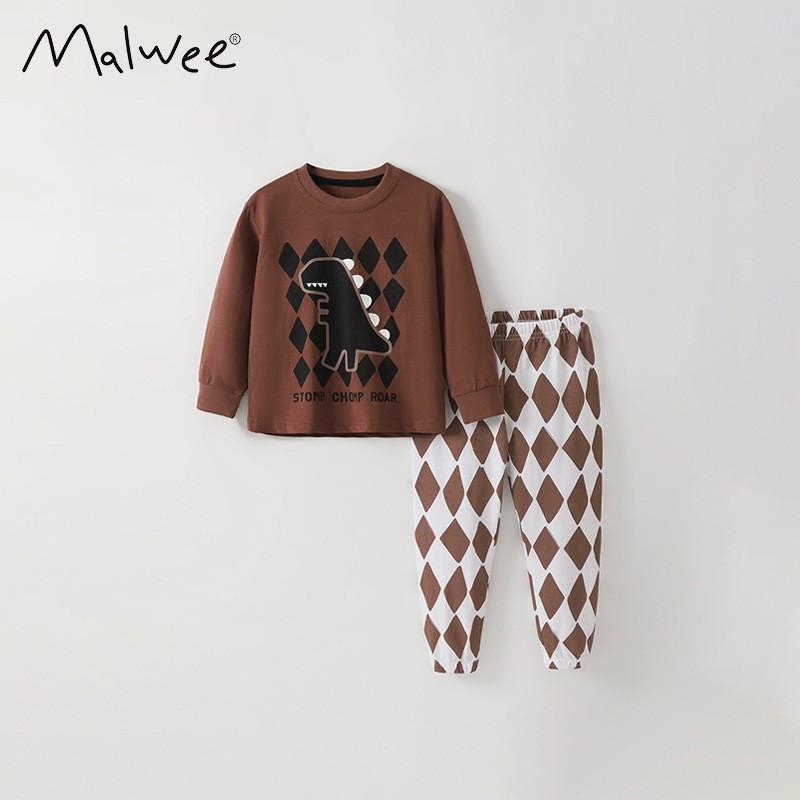 Malwee Kids Long Sleeve Round Neck Pajama Set Fall Winter Cotton Loungewear Toddler Boys Girls