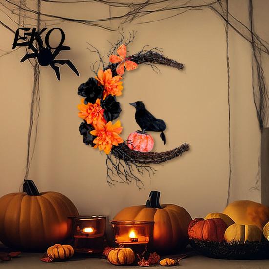 Spooky Home Decorations Halloween Door Sign, Artificial Floral Branch Crow Moon Wall Hanger with Themed Event Bird, Window Yard Decor for Party