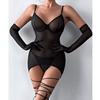 Sexy Lace Lingerie Set With Gloves Push Up Underwire Mesh Babydoll Women