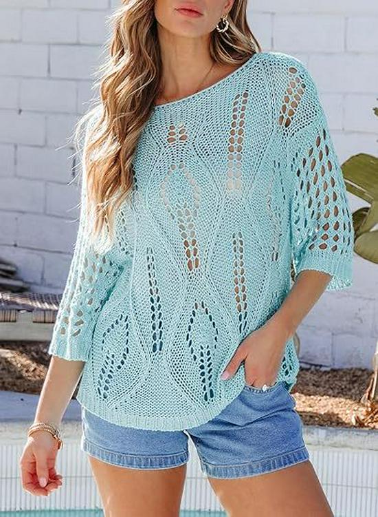 Women's Crochet Knit Hollow Short Sleeve Summer Top Beach Cover-Up