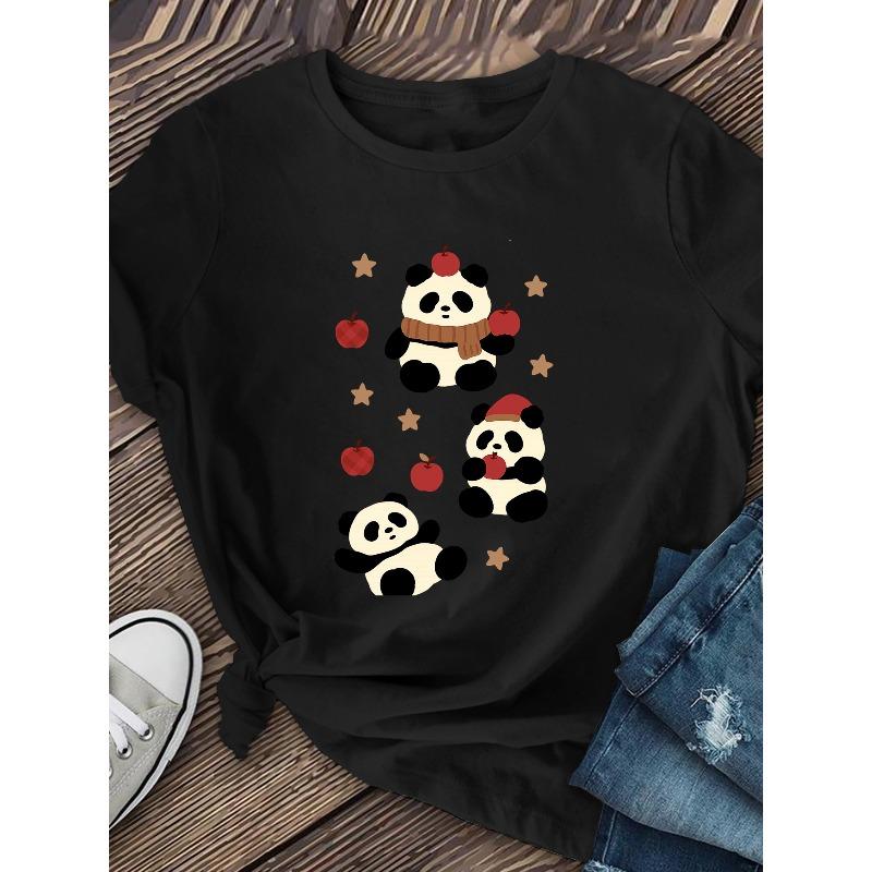 Women'S "Apple Panda" Printed T-shirt | Casual Short-sleeved, Soft and Breathable, Moderate Elasticity, Machine Washable, Round-necked Top