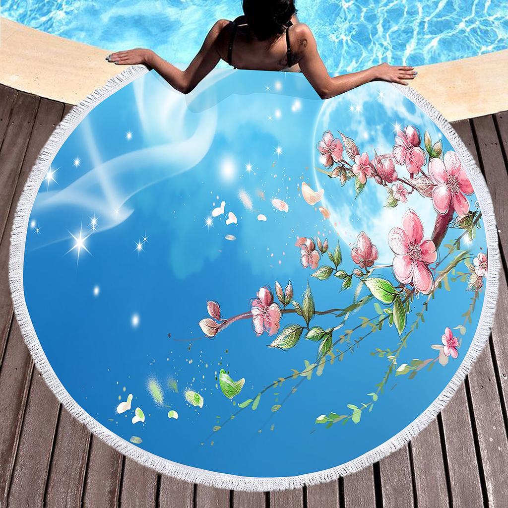 Cherry Blossom Round Beach Towel,Cherry Blossom Tree In The Sun Sand Anti-Sand Beach Blanket Absorbent Quick Dry Soft Pool Towel