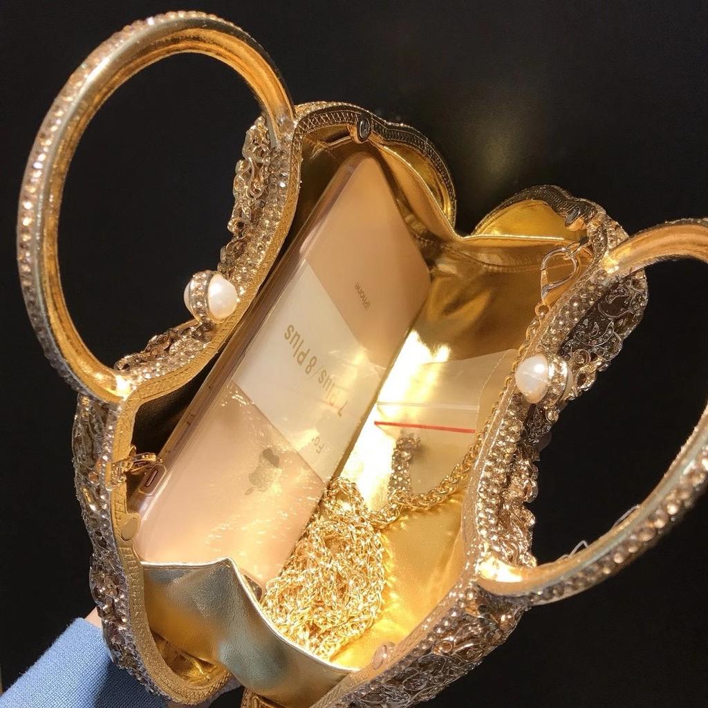 Large Capacity Women Rhinestone Top-Handle WHTUOHENG Wedding Purse Gold Metal Female Evening Clutch Bag Lady Small Phone Bags