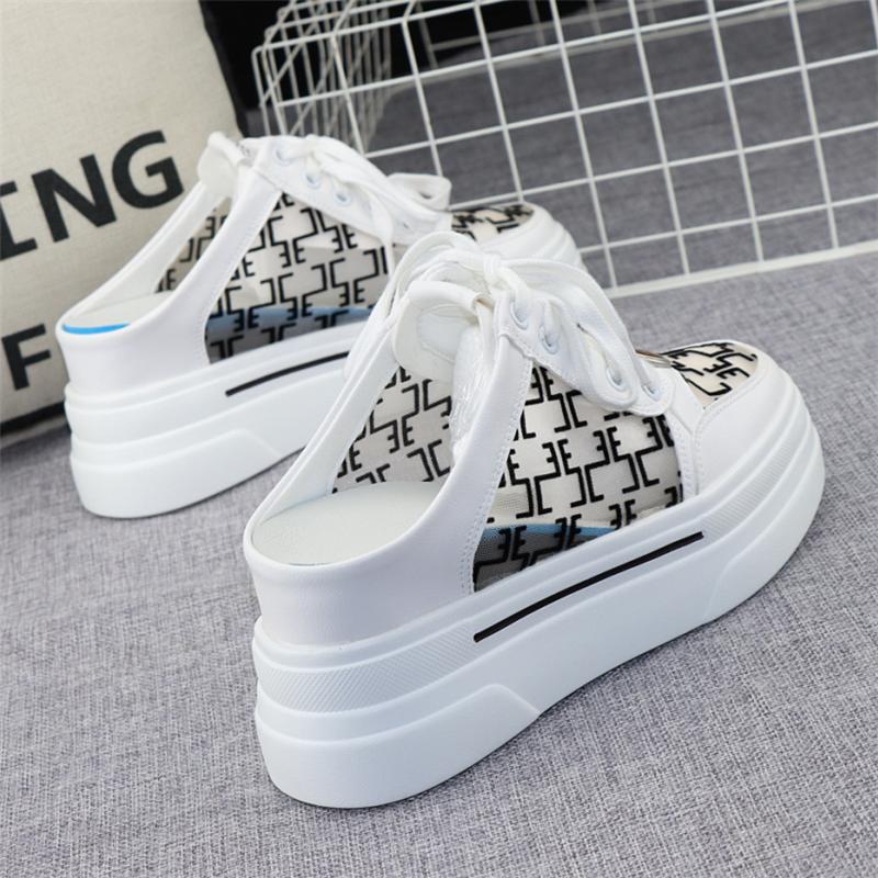 fashion Women Half Shoes Sneaker 2024 Summer Leather 8CM High Heels Slippers Casual Lace Up Woman Sneakers Shoes Fashion Summer Slippers