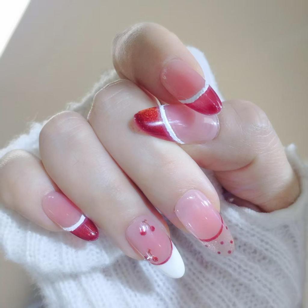 2026 New Year Red French Cherry Polka Dot Cat Eye Manicure - Cute, Handmade, Long Style Nails