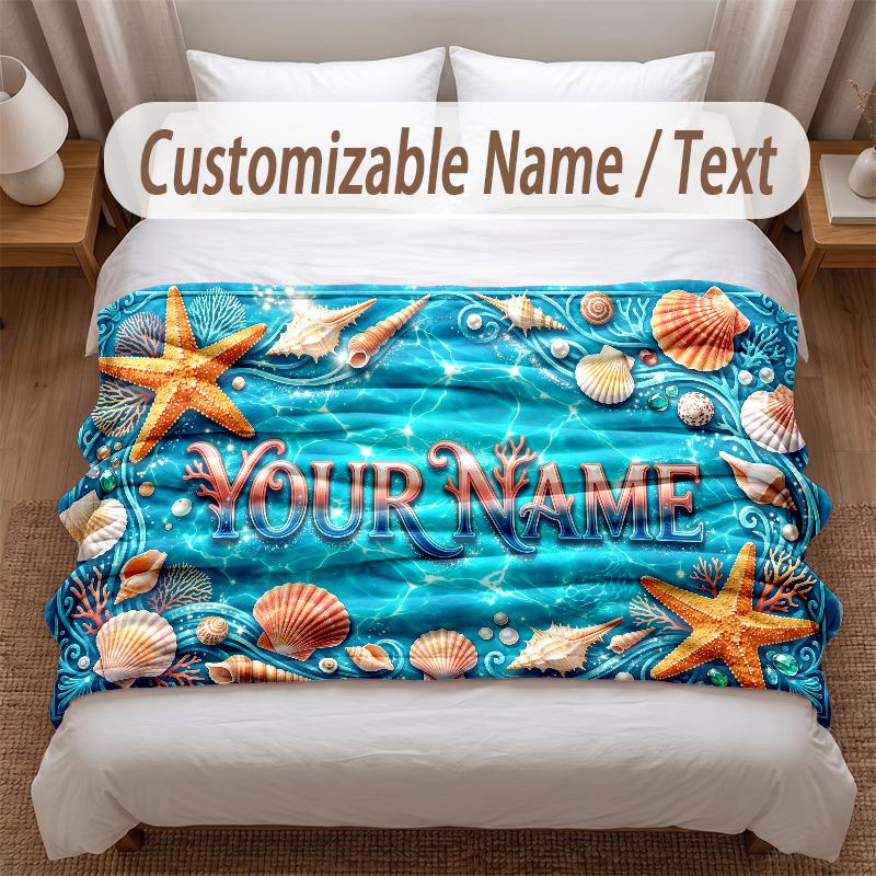 Fish Ocean Theme Soft Blanket Personalized Custom Name Text Print Warm Blanket Home Sofa Bedroom Decor
