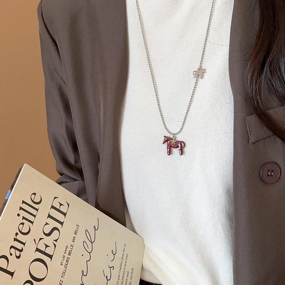 Silver Plated Beads Chain Chain Choker Korean Style Sweater Chain Fashion Horse Necklace  Women