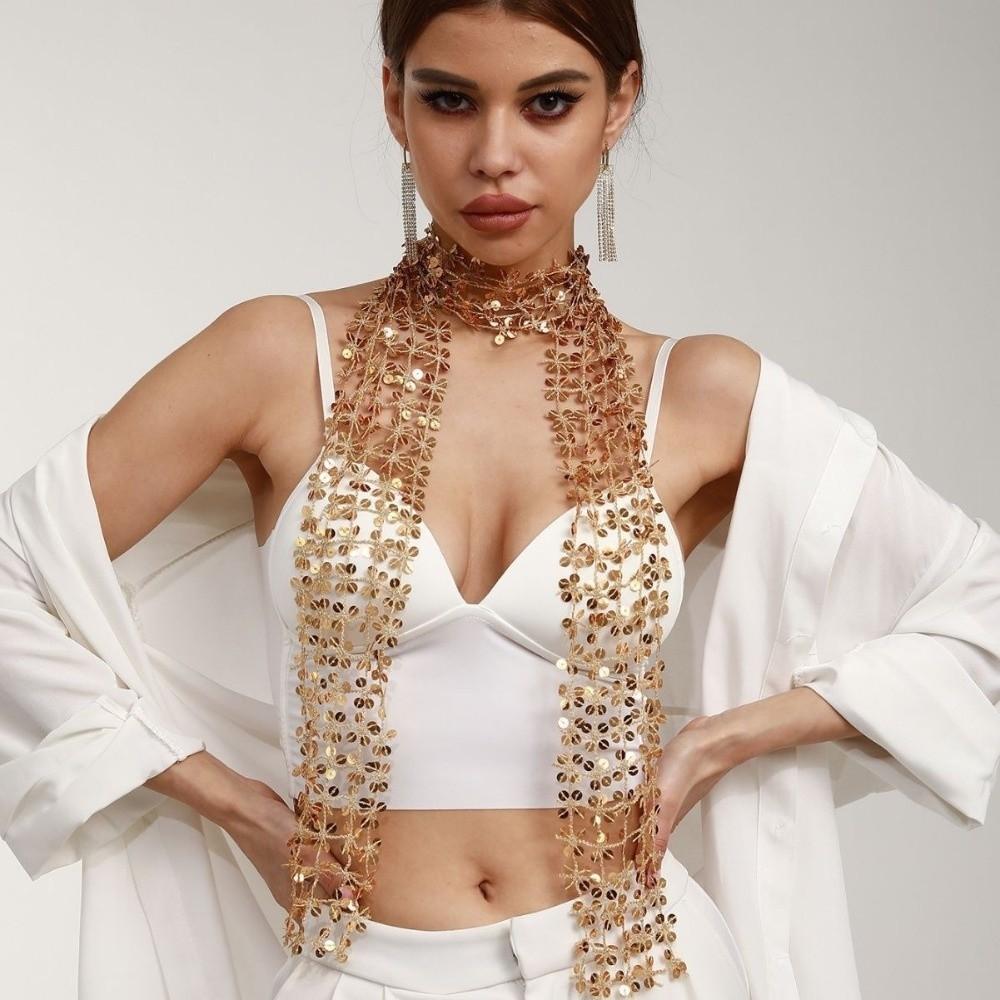 Flower Shape Belly Dancing Scarf Tassel Waist Chain Neck Wrap Sequin Scarf  Women