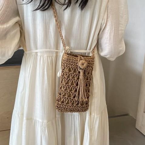 Female Vintage Crossbody Phone Bag Straw Rope Hand-woven Vacation Mini Purse Women Casual Mobile Phone Pouch Streetwear