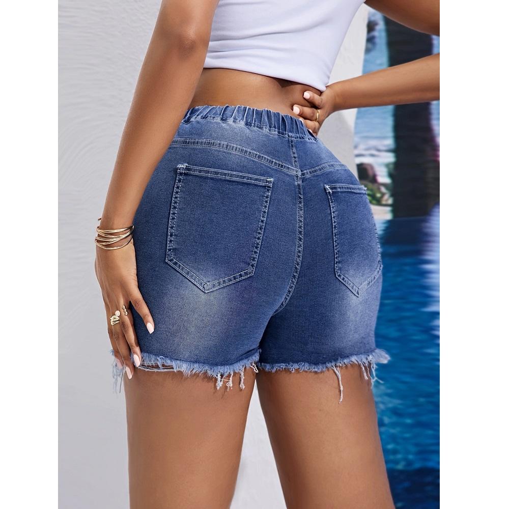 Pantaloni scurți din denim cu talie cu șnur pentru femei, cu talie înaltă, blugi rupti, pantaloni scurti, cu ciucuri