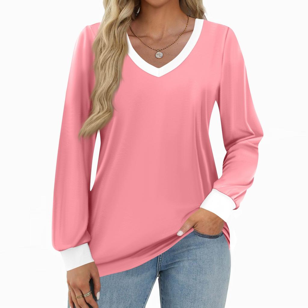 Women's Fashion Casual Long Sleeve Color Block Shirt Women's V-Neck Tops