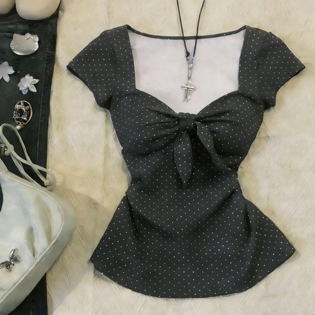 Vintage Polka Dot Bow T-Shirt with Square Neck and Ruched Details