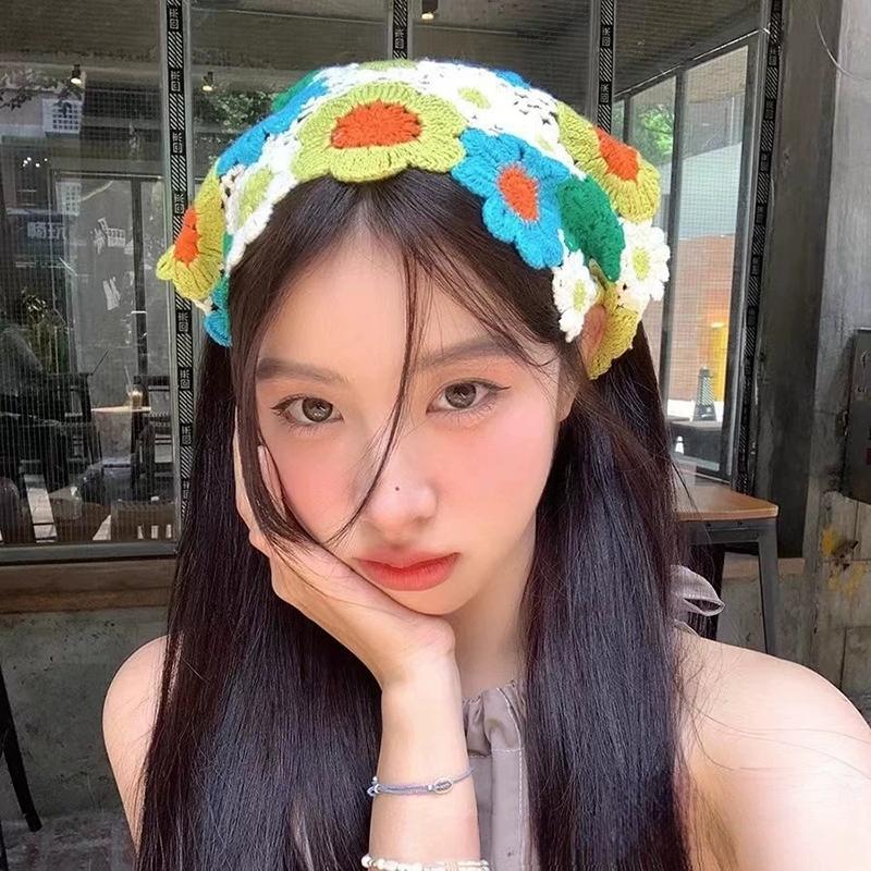 French Pastoral Style Triangle Headband Handmade Crochet Flower Headscarf Hat Knitted Girls Headband Towel