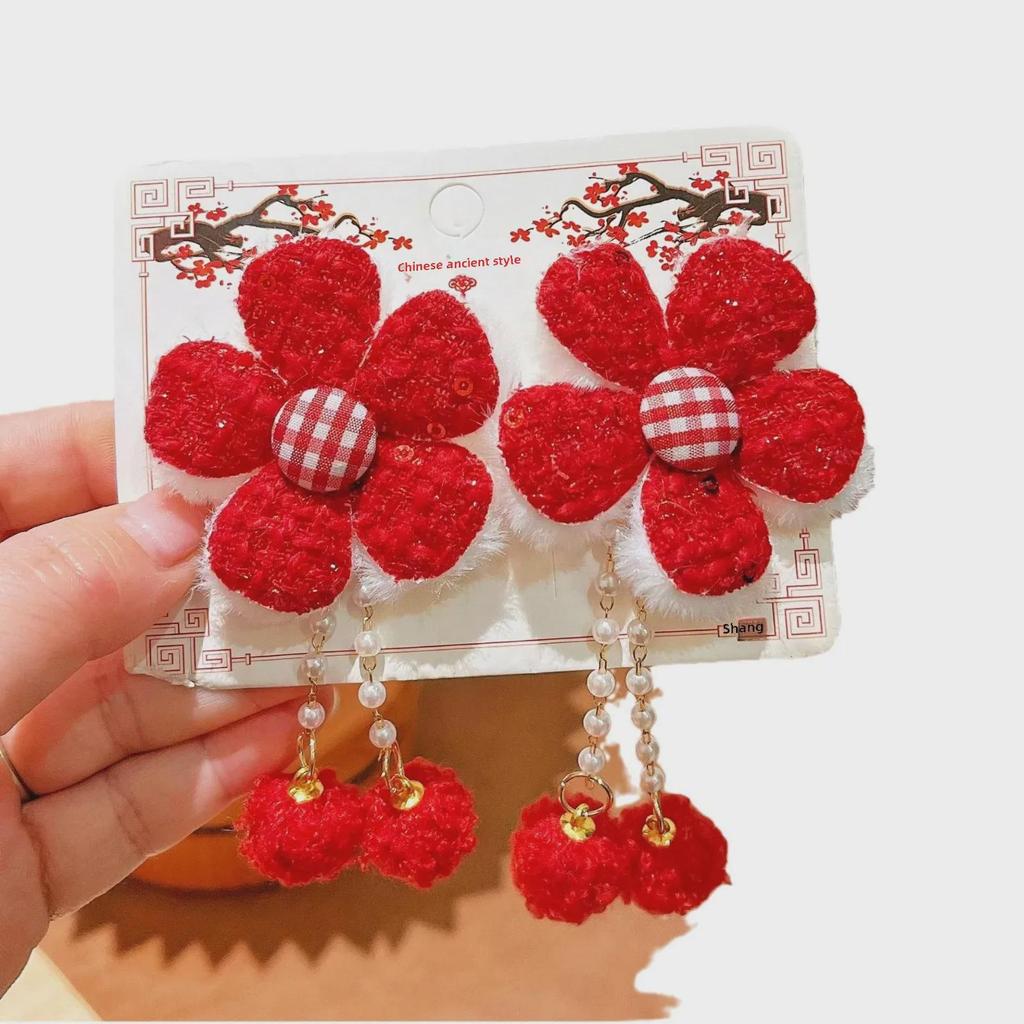 Festive Red Floral Baby Headband - Cute Ancient Style Elastic Accessory for Little Girls