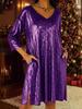 New Loose V-Neck Nine-Fifth Sleeve Pleated Skirt Dress