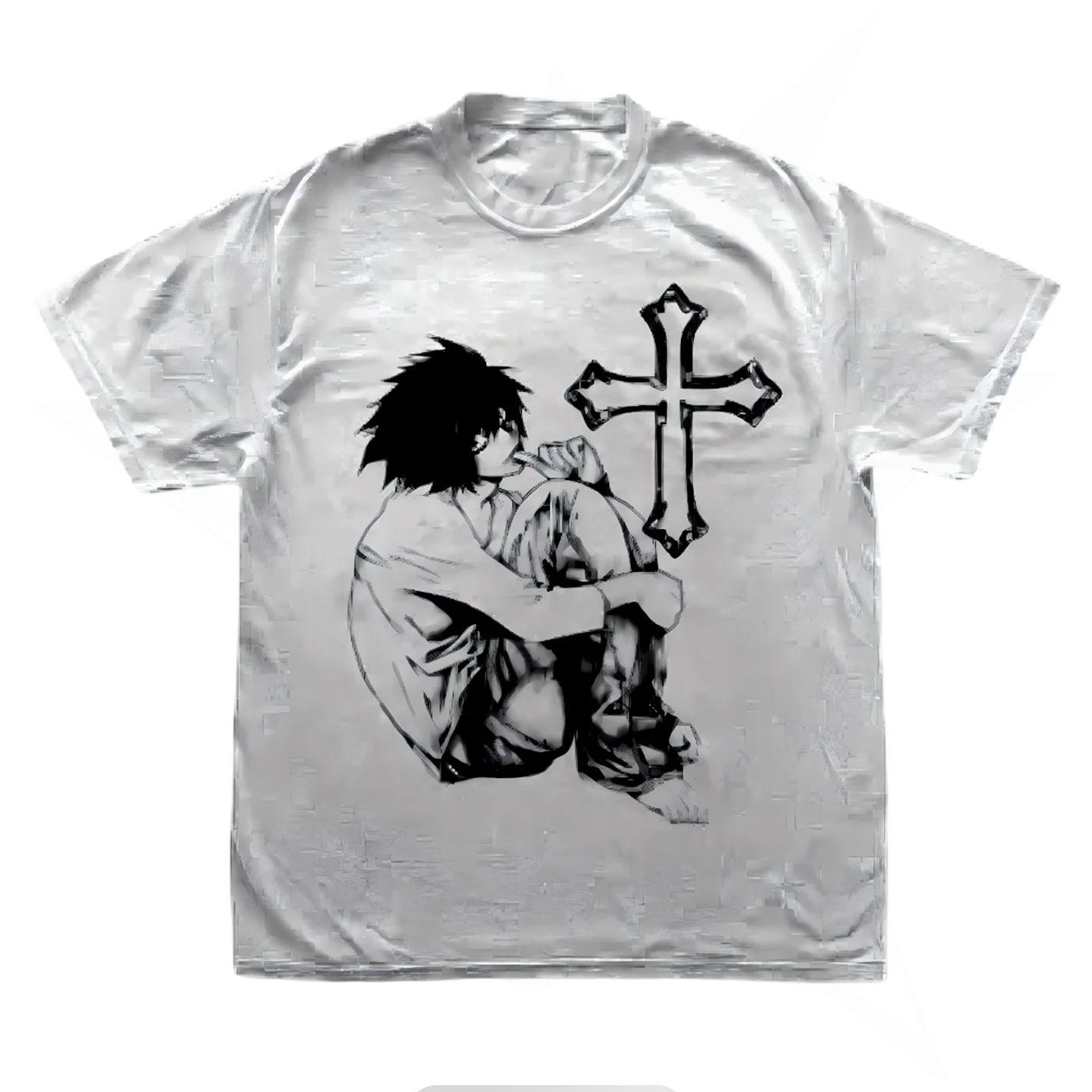 

Harajuku Print Cotton Tops Gothic Aesthetic Y2K Top Vintage Short Sleeve T Shirt Skeleton Crucifixion Punk Streetwear Unisex S