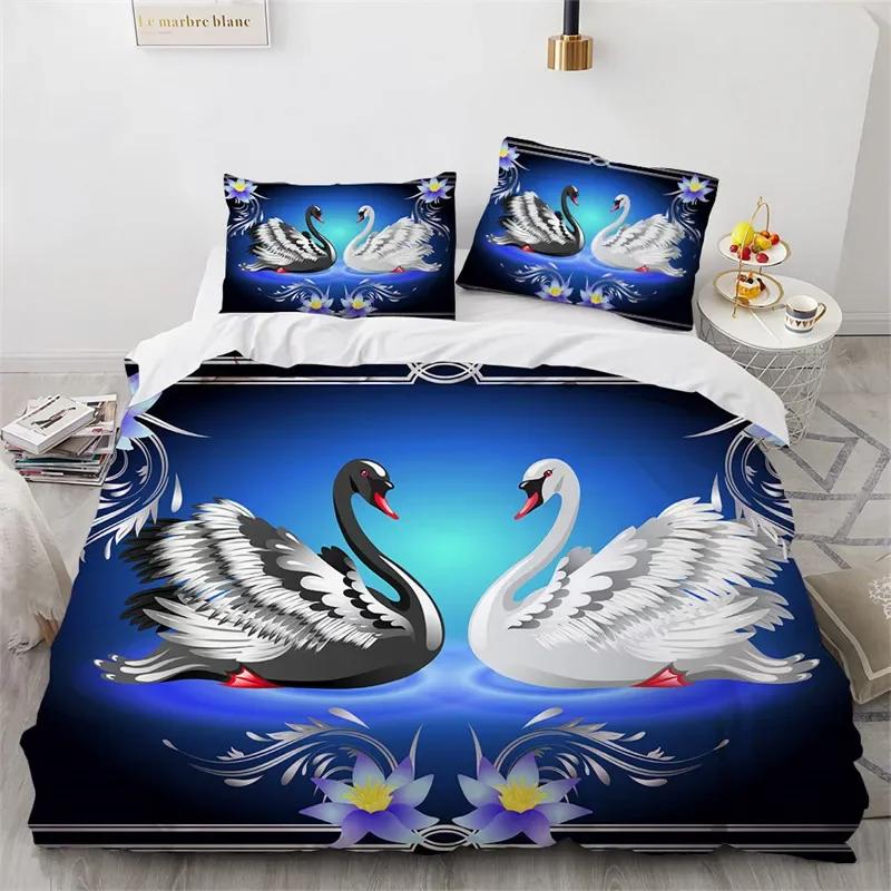 Comforter Romantic Swan Microfiber Flower Bedding Set Wild Animals Twin King For Girls Teen Adults Bedroom Decor