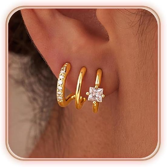 Triple Hoop Earrings for Women Trendy, 14K Gold/Silver Plated Cubic Zirconia Hypoallergenic Hoop Earring Chunky Dainty Minimalist CZ Earring Fashion