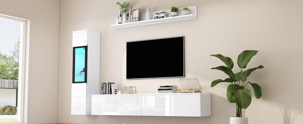 TV Wall Unit Set 3-Piece LED Lighting High Gloss White Living Room Furniture, Frontal 1 X TV Cabinet, 1 X Living Room Display Cabinet, 1 X Wall Shelf