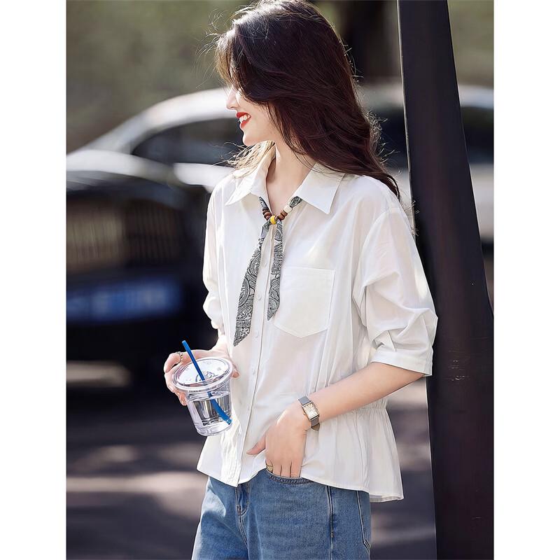 Women s Loose Fit Pleated Short Sleeve Button-Up Shirt L