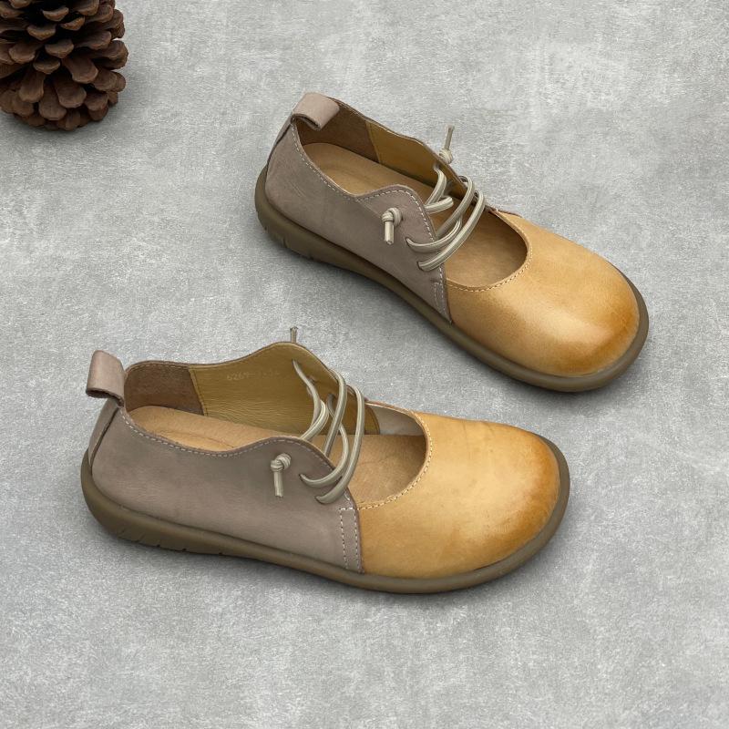 Johnature Handmade Genuine Leather Round Toe Mixed Colors Women's Flat Shoes Elastic Band Slip-on Loafers