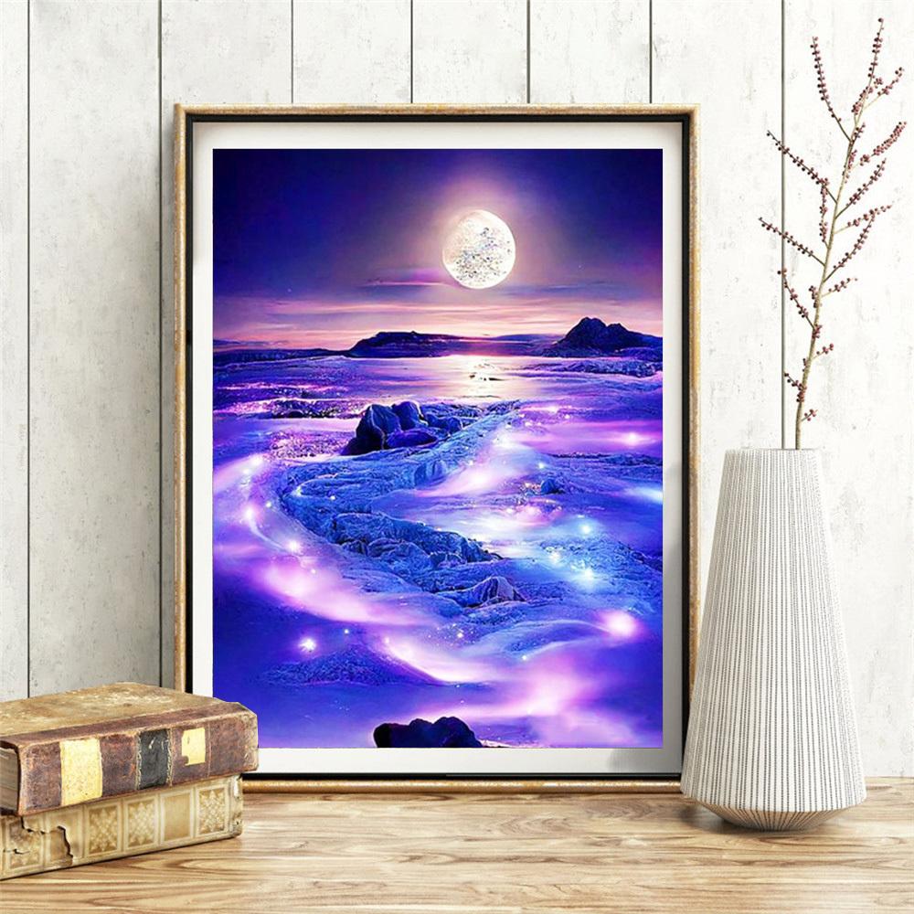 Full Square Round Diamond Painting Moon Landscape Mosaic Seaside Fantasy Embroidery Home Decor