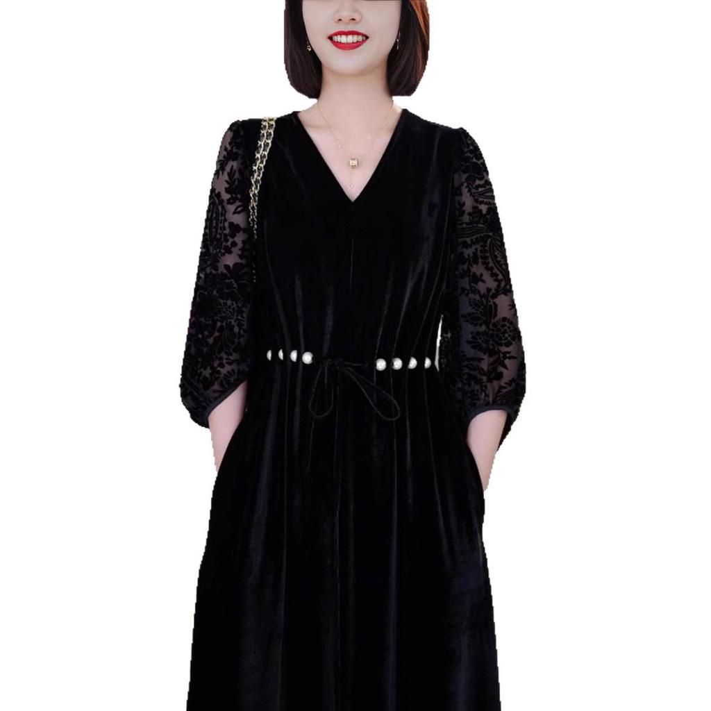 Autumn Gold Velvet Long Sleeve Dress - Slimming Mid-Length Over-the-Knee Skirt