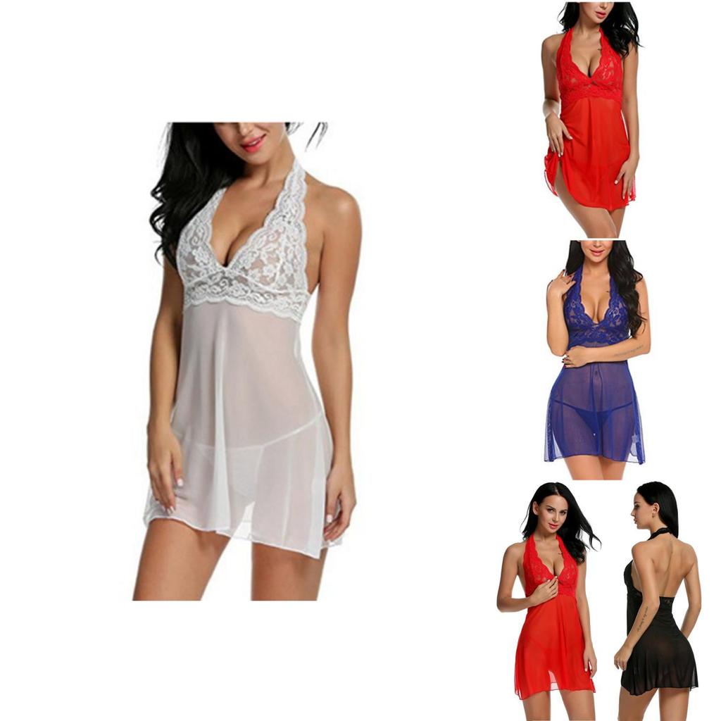 Alluring Women Sexy Lingerie Dress Baby Doll Halter Lace Patchwork Sleepwear Nightwear