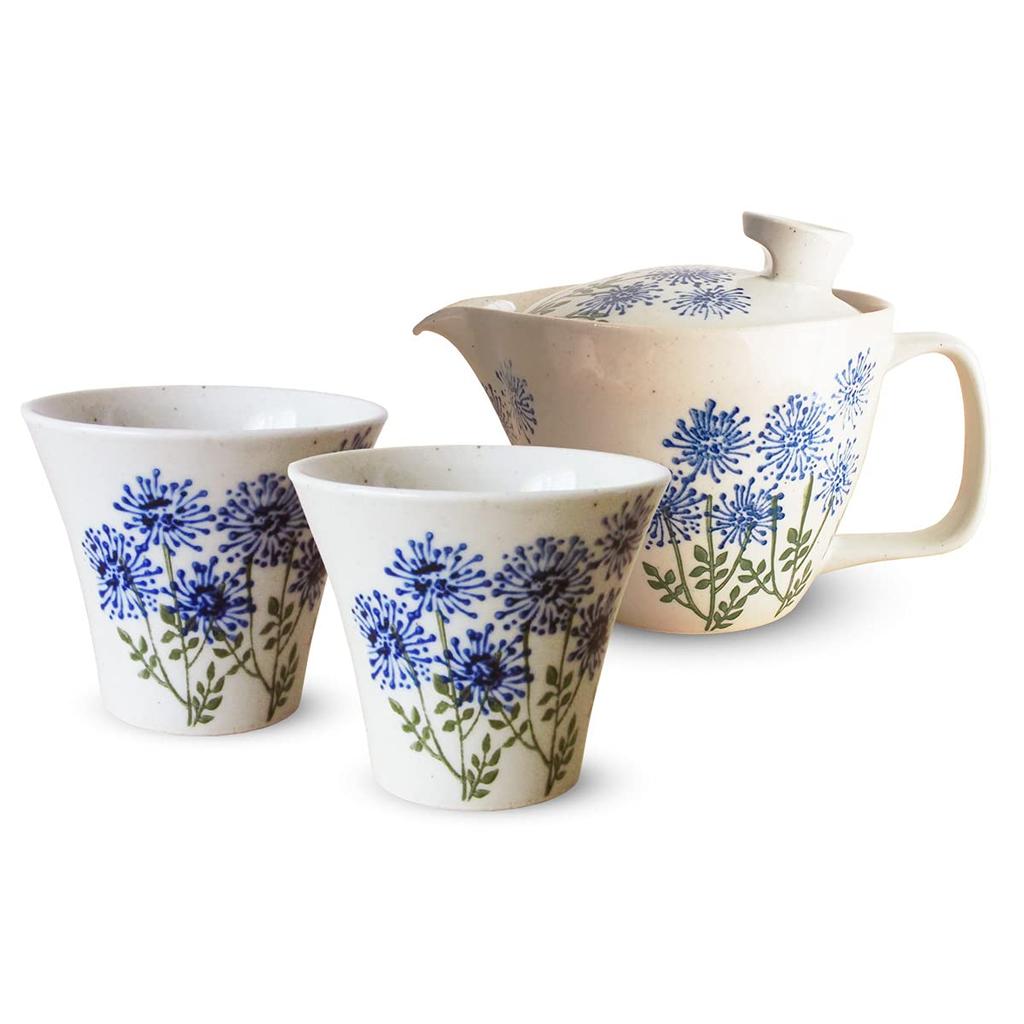 Kunzan Kiln Teekanne und Teetasse Doppelset Hasami Ware Hergestellt in Japan 240ml 130ml Für 1 bis 2 Personen Teefilter Inklusive Wildblume Blau J-kitchens