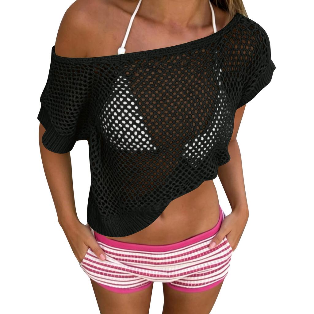 Women Knit Hollow Out Short Sleeve Beach Cover Up Pullover Loose Mesh Crochet Top for Summer Outdoor Activities