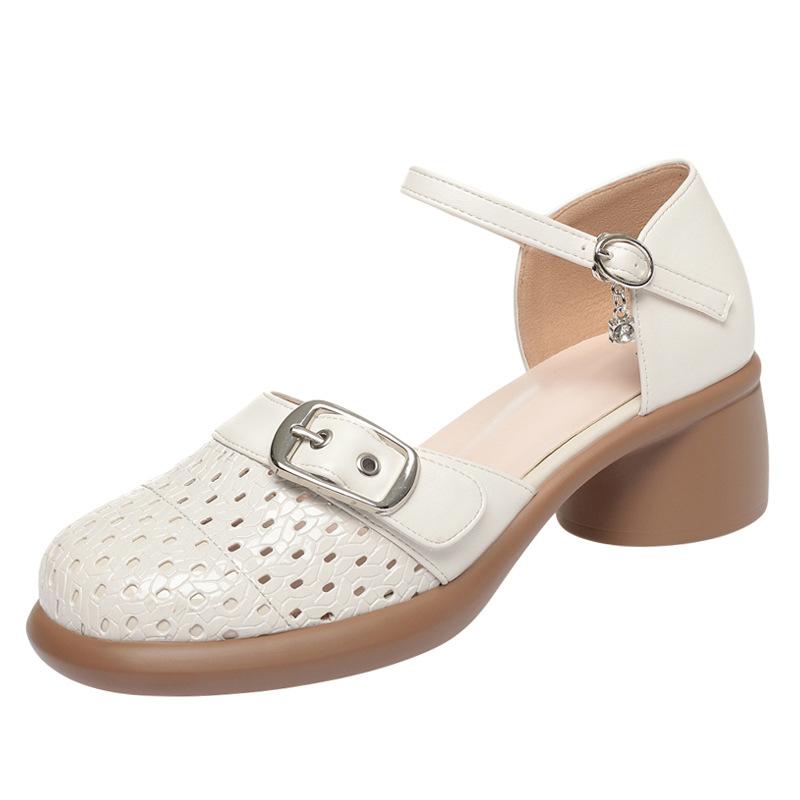 4cm Vintage Round Head Breathable Cutout Buckle Hole Shoes Summer Platform Sandals 2025 Med Block Heels Leather Sandals Office