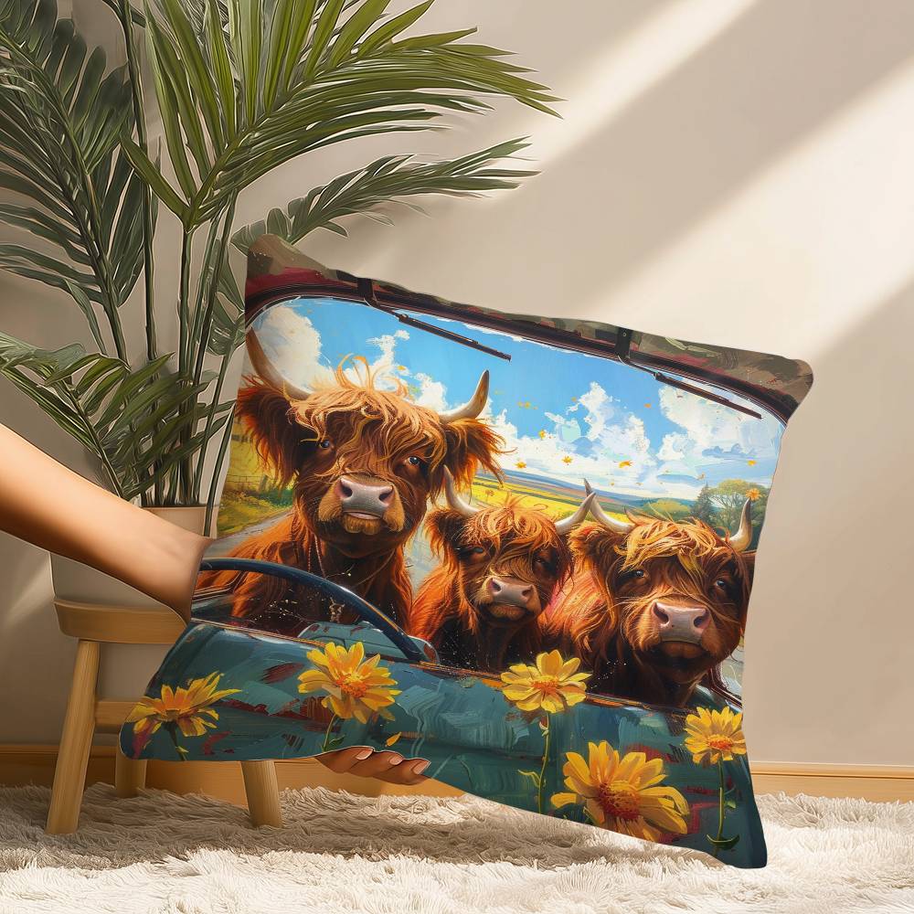 Vibrant Highland Cow Pattern Pillow Case Short Plush Print Cushion Cover Square Throw Pillow Covers Sofa Home Decor