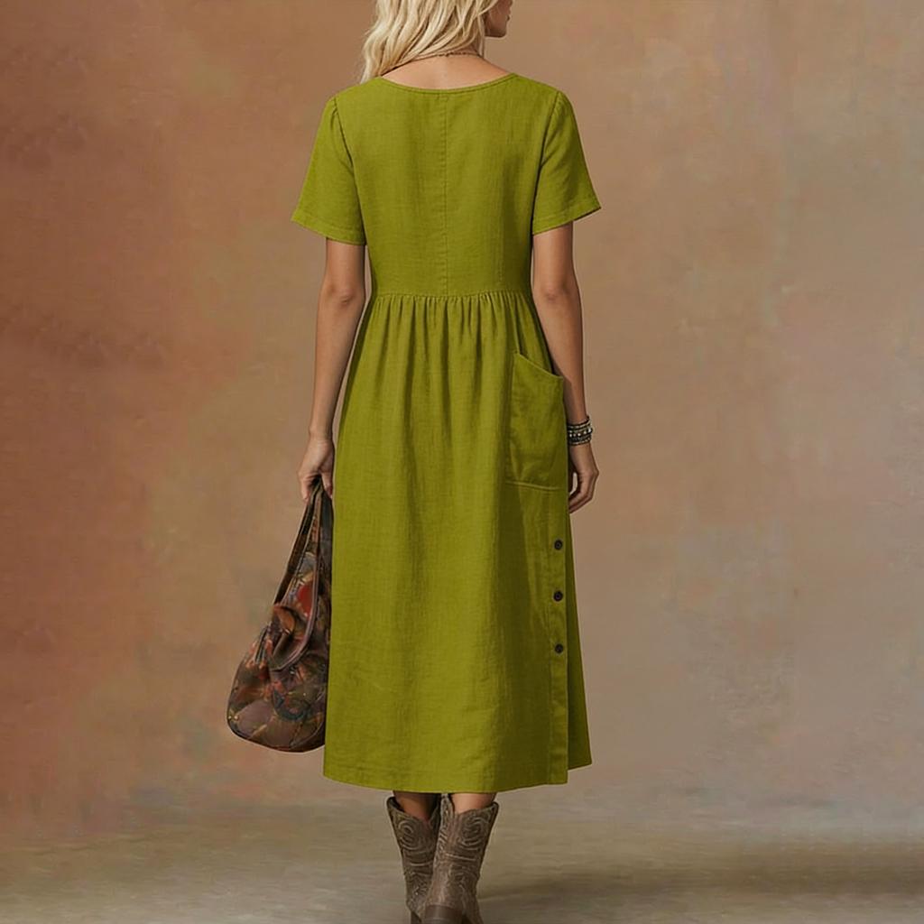 Women's V-neck Short-sleeved Mid-length Loose-fitting Dress With Pockets And Casual