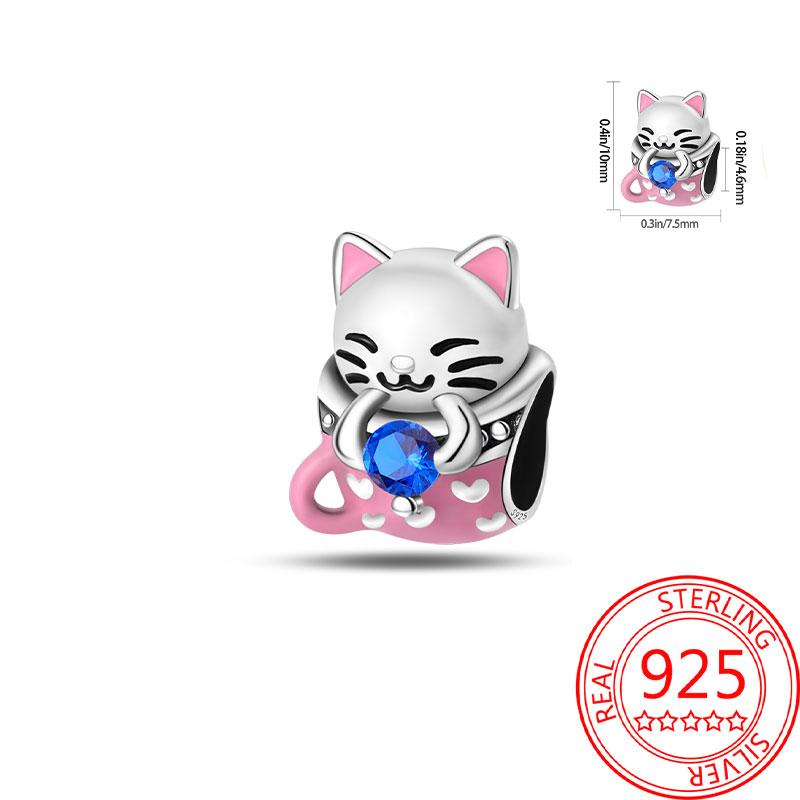 

Authentic copper Charm Bead Charms Luxury Pink Cat Blue Zircon Gemstones Bead Charms Compatible With Bracelets Diy Women Making Delicate Gift