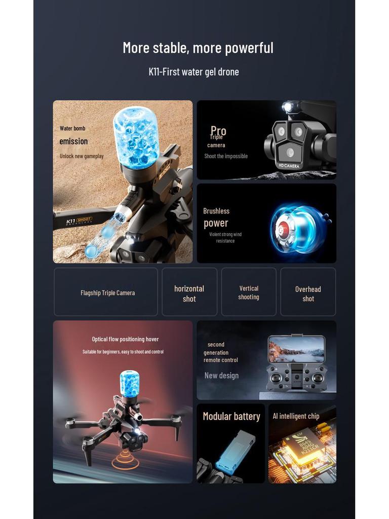 K11MAX Water Bomb Drone: Brushless Motor, Triple-Camera, Professional Aerial Photography, Remote-Control Aircraft for Kids.