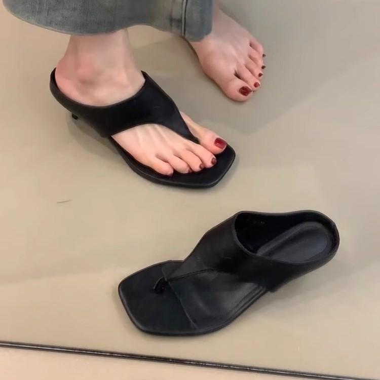Sheepskin version~ outer wear retro high heels women's head open-toed sandals simple temperament thin heel flip-flops shoes