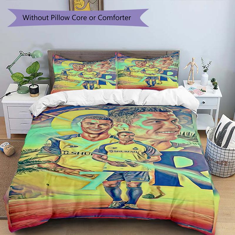 3-teiliges Bettbezug-Set (1 * Bettbezug + 2 * Kissenbezug, ohne Kern),Fußballstar Print Bettwäsche-Set, Schlafzimmer-Dekoration, Ganzjahres-, Geburtstagsgeschenk