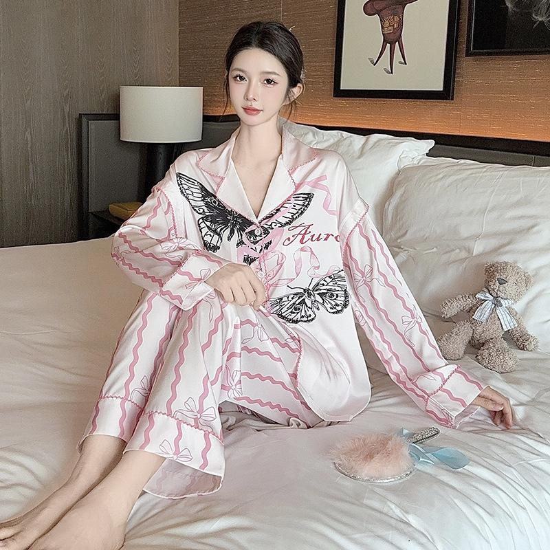 Pajamas Women's Spring and Autumn Ice Silk Long-sleeved Large-size Lapel Suit Can Be Worn Outside Summer New High-end Light Luxury Loungewear