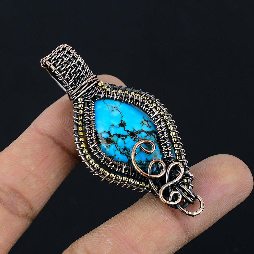 Wisiorek z turkusu tybetańskiego, biżuteria z kamieni szlachetnych owinięta drutem miedzianym próby 999, ręcznie robiony wisiorek, na Święto Dziękczynienia