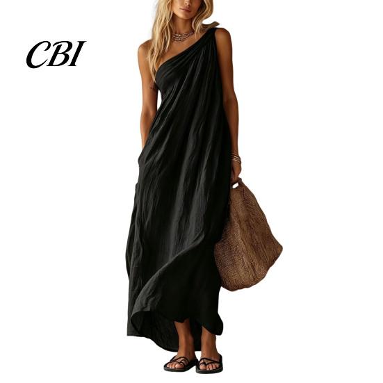 Retro Style Dress Women's Summer One Shoulder Beach Sundress, Pleated A-line Mid-length Loose Flowy Long Dress, Casual Travel Vacation Women