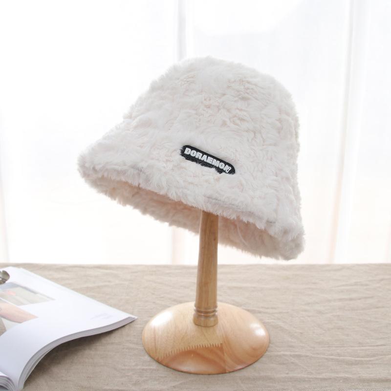 Autumn and Winter Plush Hat Women's Lamb Velvet Letter Fisherman Hat Showing Face Small Korean All Match Thickened Warm Bucket Hat